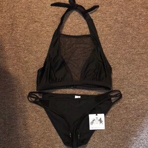 Black Mesh Halter Bikini Set - Women's Swim